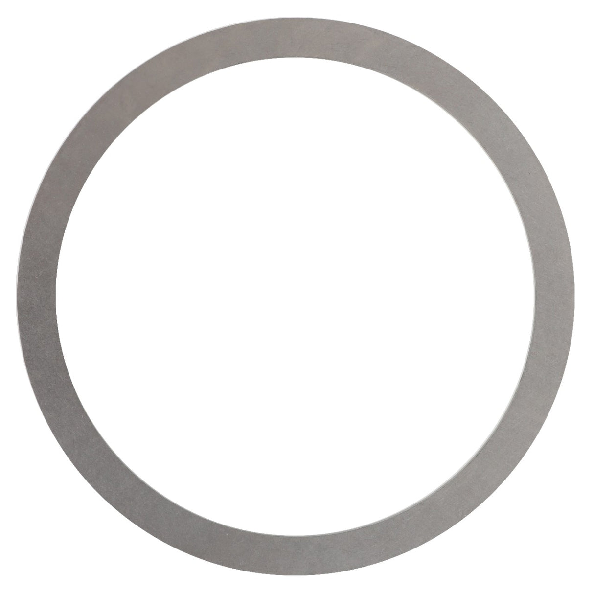 A flat, circular metal washer with a large central hole, viewed from above. No current product description information is available for the AGCO | SHIM - F743300020780.