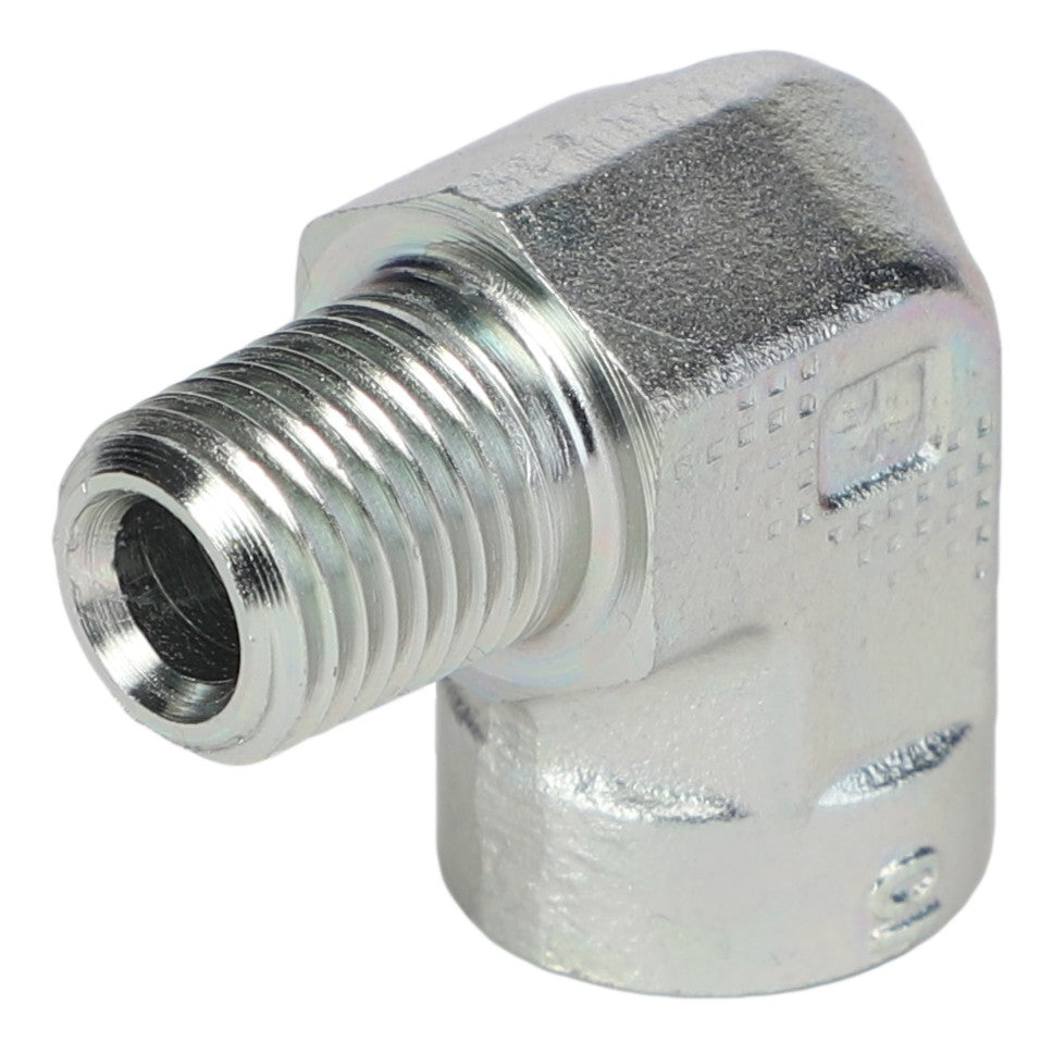 Introducing the AGCO | ELBOW FITTING - AG560669, a metal elbow pipe fitting featuring a threaded male end and a smooth cylindrical end. This high-quality product is manufactured by AGCO.
