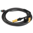 The AGCO Implement Harness - Acw6397420, by AGCO, features a coiled electrical wire with three distinct connectors: black, yellow and black, and yellow and red. Wrapped in a braided protective layer in certain sections, this durable design guarantees reliable performance.