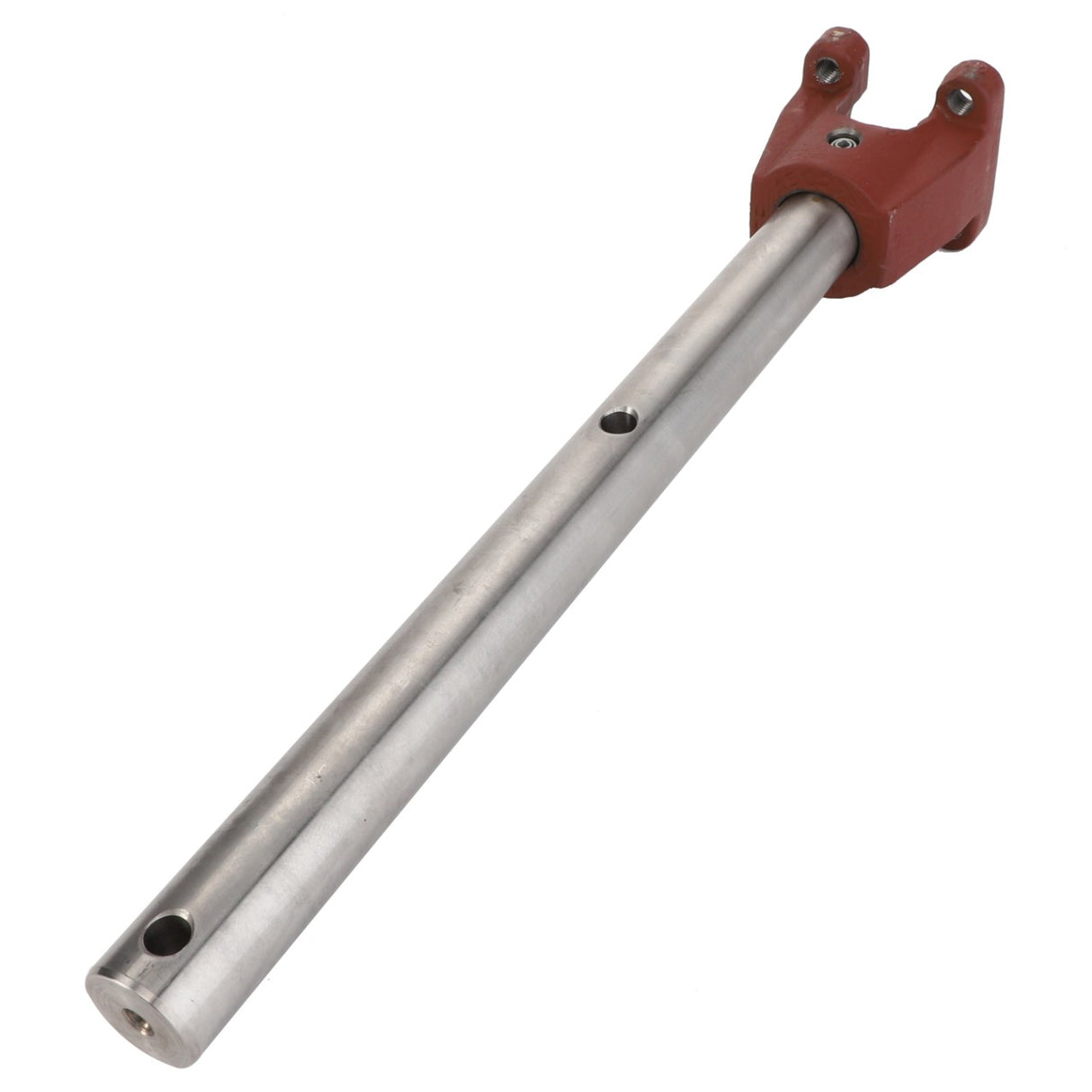 The AGCO Axle - Fel152652 is a metal cylindrical rod equipped with a red U-shaped connector on one end and two holes spaced along its length.