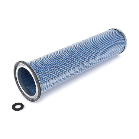 A cylindrical blue Engine Oil Filter Cartridge - LA1909964 from AGCO, featuring a mesh outer layer and metal rims on both ends for maximum protection, placed on a white surface. A small black rubber ring lies next to this AGCO Genuine part.