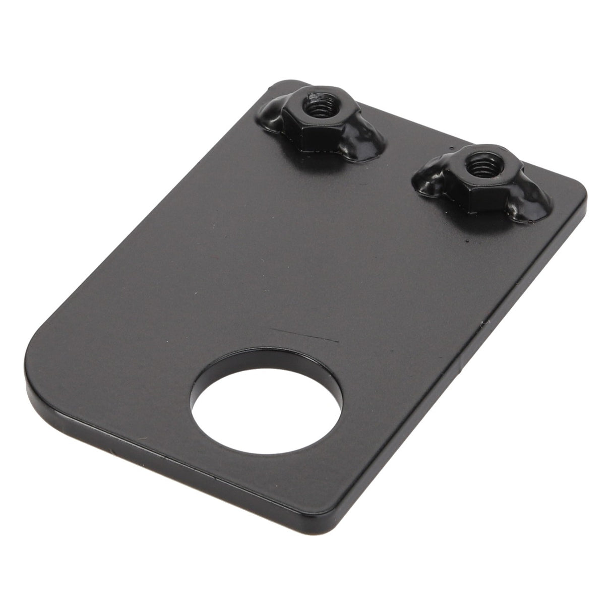 Product: AGCO | Bracket - Acw0157680
Brand: AGCO
Description: This black rectangular metal bracket features a large circular hole at the bottom and two smaller bolts at the top.