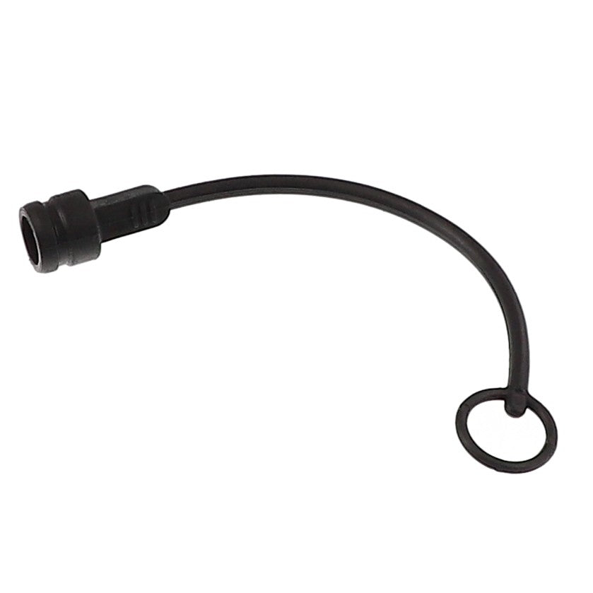 The AGCO | DUST PLUG - CH5R-5676, a black rubber dust cap with an attached loop, is designed to protect open ports or connectors from dust and debris. The cap is connected to the loop by a flexible strap, ensuring durability and secure closure.