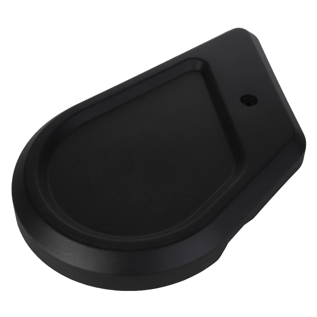 The AGCO Side Cover For Cross Tube, Left Side - Acp0483820 is a black, teardrop-shaped plastic object featuring a raised edge, a flat center, and a small hole near the narrower end.