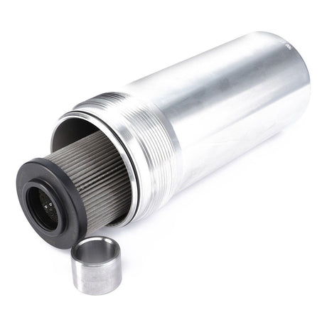 A cylindrical metallic oil filter, identified as the Suction Filter - 4289988M91 by AGCO, with a threaded cap and an additional small cylindrical component placed beside it, suitable for Massey Ferguson equipment, set against a plain white background.