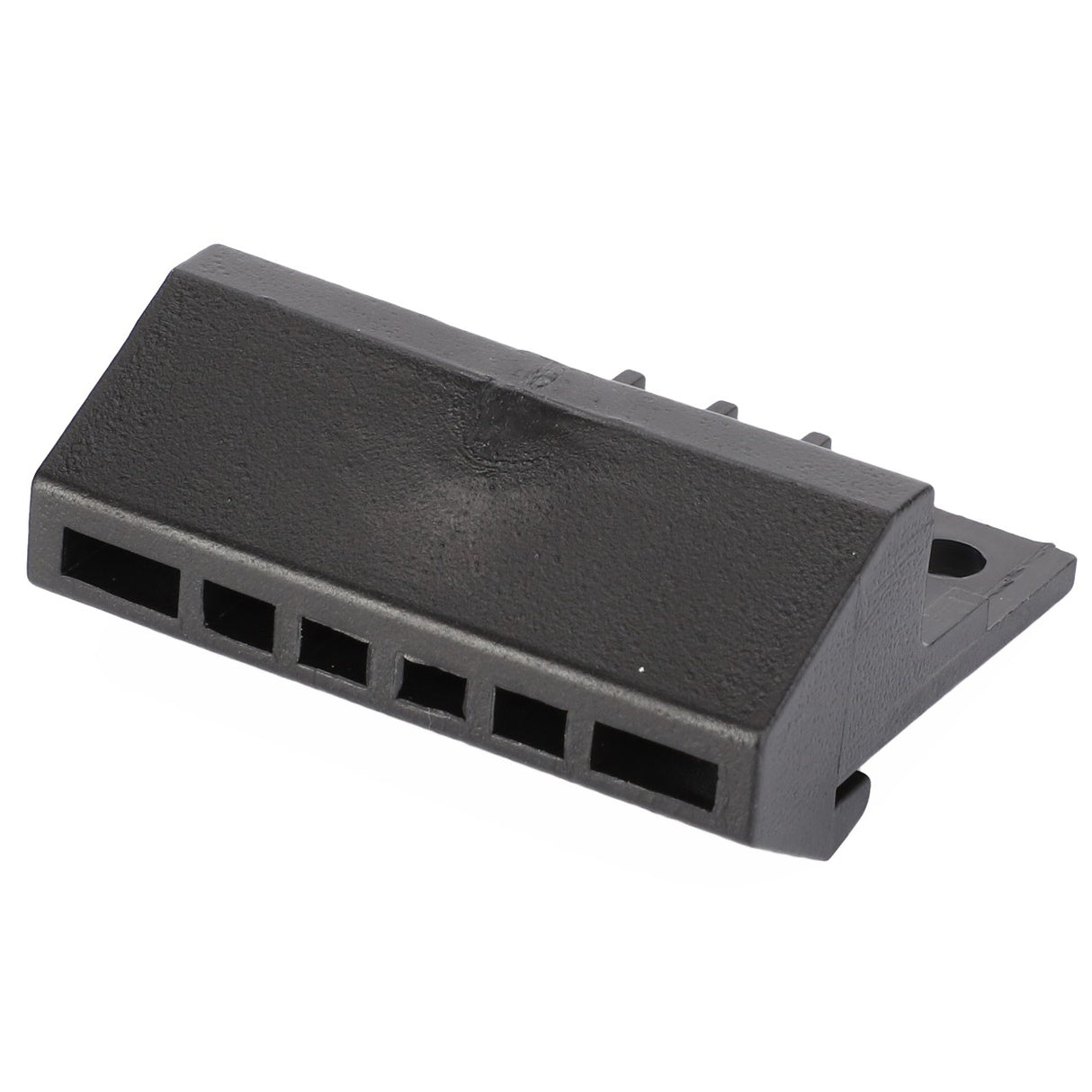 The AGCO | Tensioning Piece - 117501021080 is a black plastic electrical connector that features multiple slots, an angled design, and a mounting hole, making it perfect for Vario and FAVORIT Fendt models.