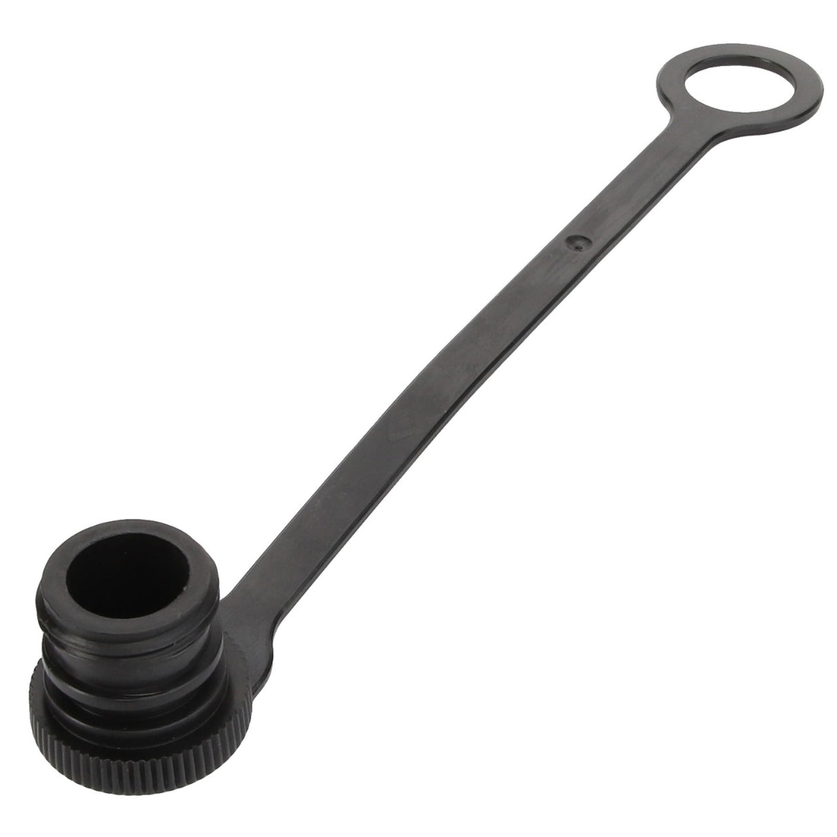 Product Name: AGCO | CAP - D45148000
Brand Name: AGCO
Description: The AGCO CAP - D45148000 is a sleek black plastic cap that includes a cylindrical attachment and an extended strap with a round hole at the end.