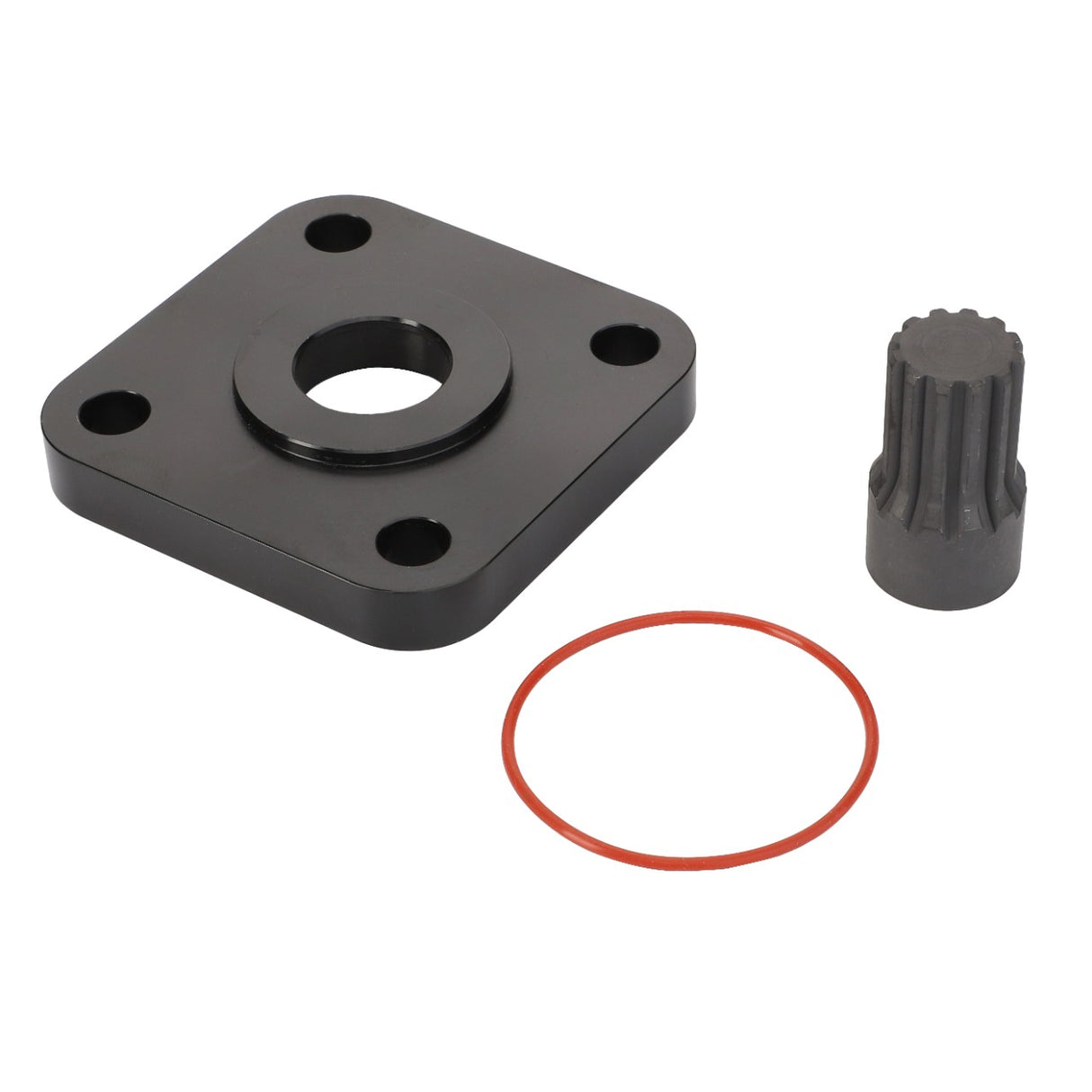 An AGCO Adapter Kit - 72570303, featuring a black metal mounting plate with four holes, a grey cylindrical component, and a red rubber O-ring, all compatible with Massey Ferguson models, is laid out on a white background.