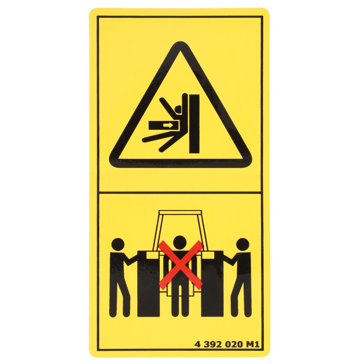 Yellow warning sign featuring a symbol of a person being struck by a gate and an illustration depicting two figures helping someone avoid an obstacle, which is crossed out with a red X. Enhance your safety measures with the AGCO Decal, Safety - 4392020M1 from AGCO Parts Genuine Decals, combining essential warnings with agricultural engineering expertise.