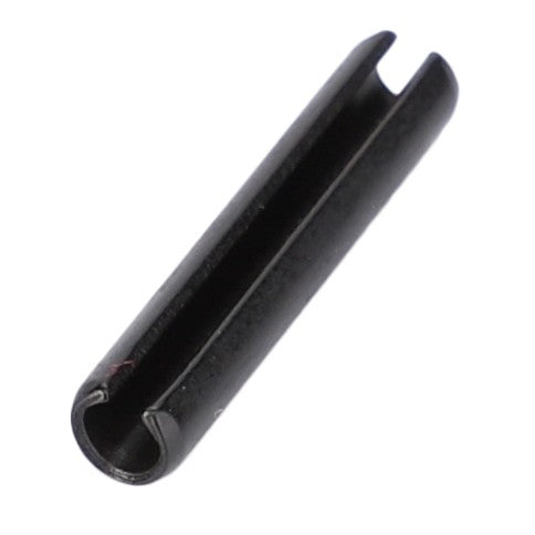 A cylindrical black roll pin with a lengthwise slit, often used in Fendt Models to secure parts in mechanical assemblies, is available as the AGCO Tensioning Pin - X500615646000 from the brand AGCO.