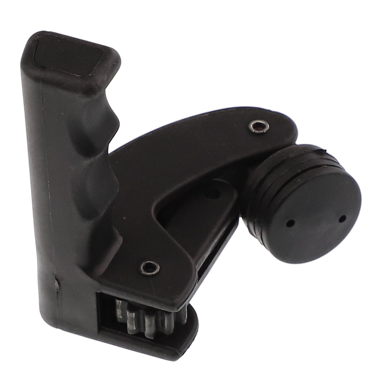 The AGCO | Grip - Acw0032080 by AGCO is a black plastic capo featuring a notched grip and a round, adjustable clamp mechanism, specifically designed for use on the neck of a guitar. Currently, there is no product description available.