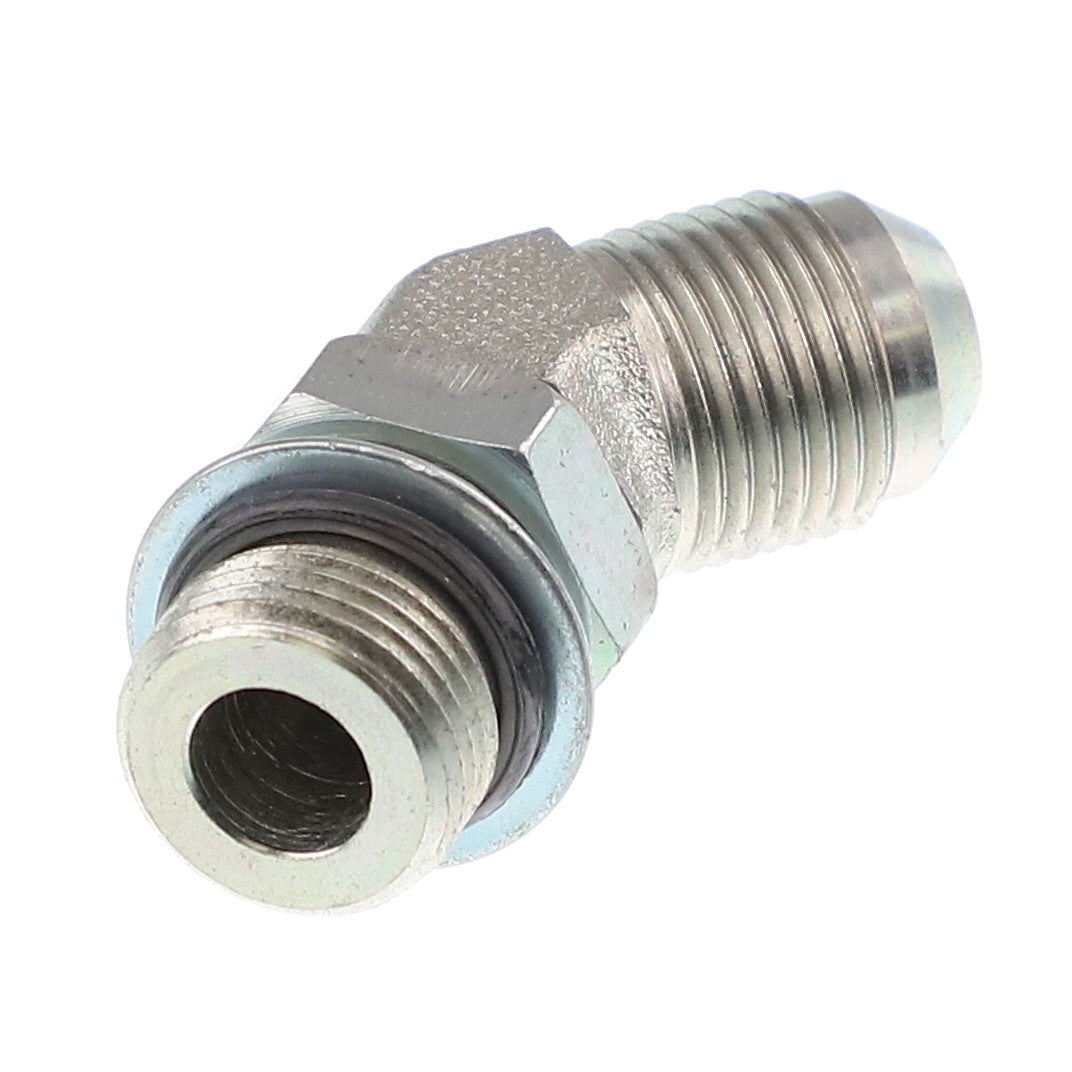 AGCO | ELBOW FITTING - AG553891: A metal angled pipe fitting featuring threaded ends and a hexagonal central section. No current product description information is available.