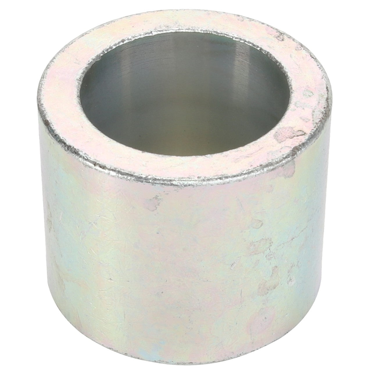 The AGCO Spacer - Acw1038030 features a metallic cylindrical sleeve with a hollow center, light-reflective surface, and slight wear marks on its exterior, subtly showcasing signs of use.