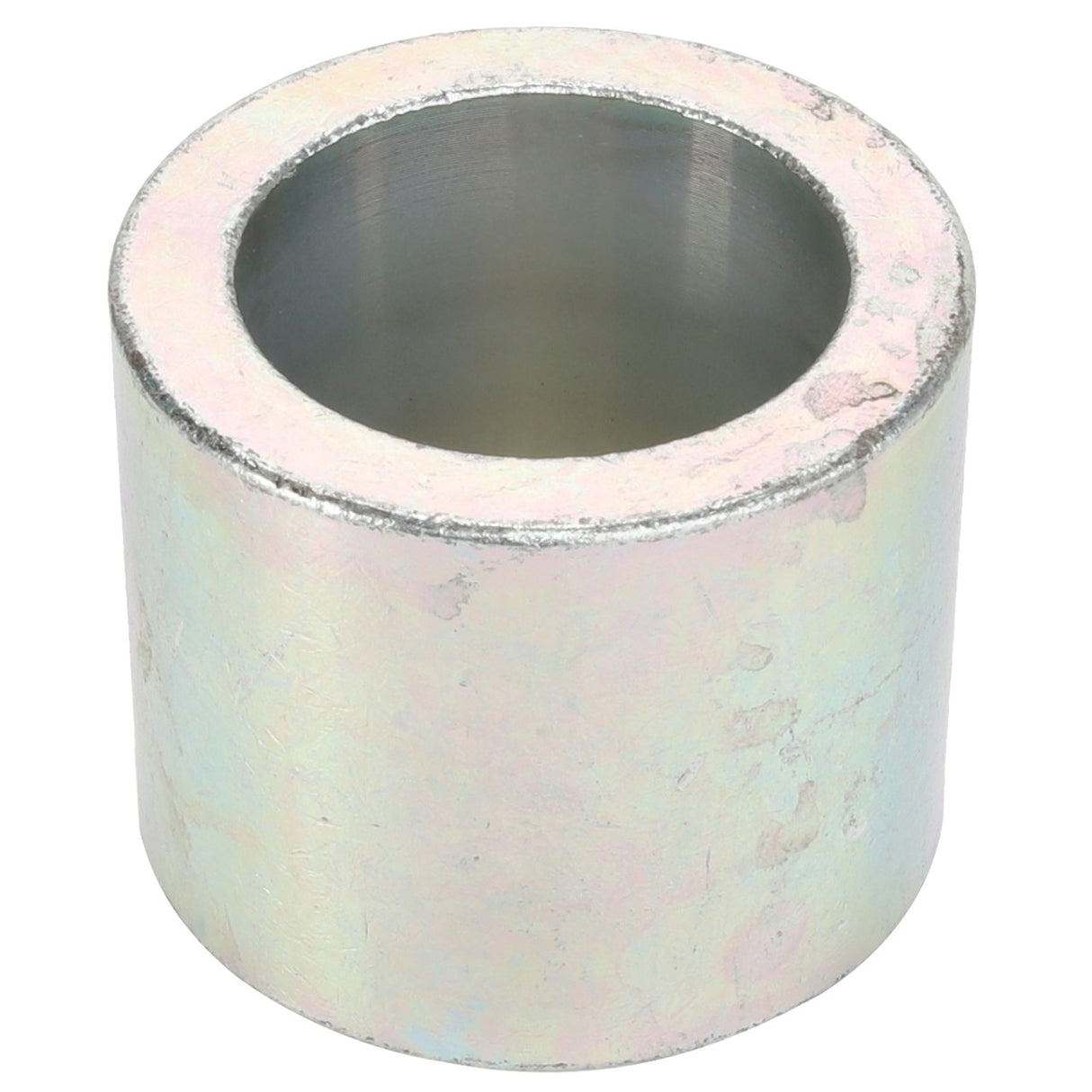 The AGCO Spacer - Acw1038030 features a metallic cylindrical sleeve with a hollow center, light-reflective surface, and slight wear marks on its exterior, subtly showcasing signs of use.