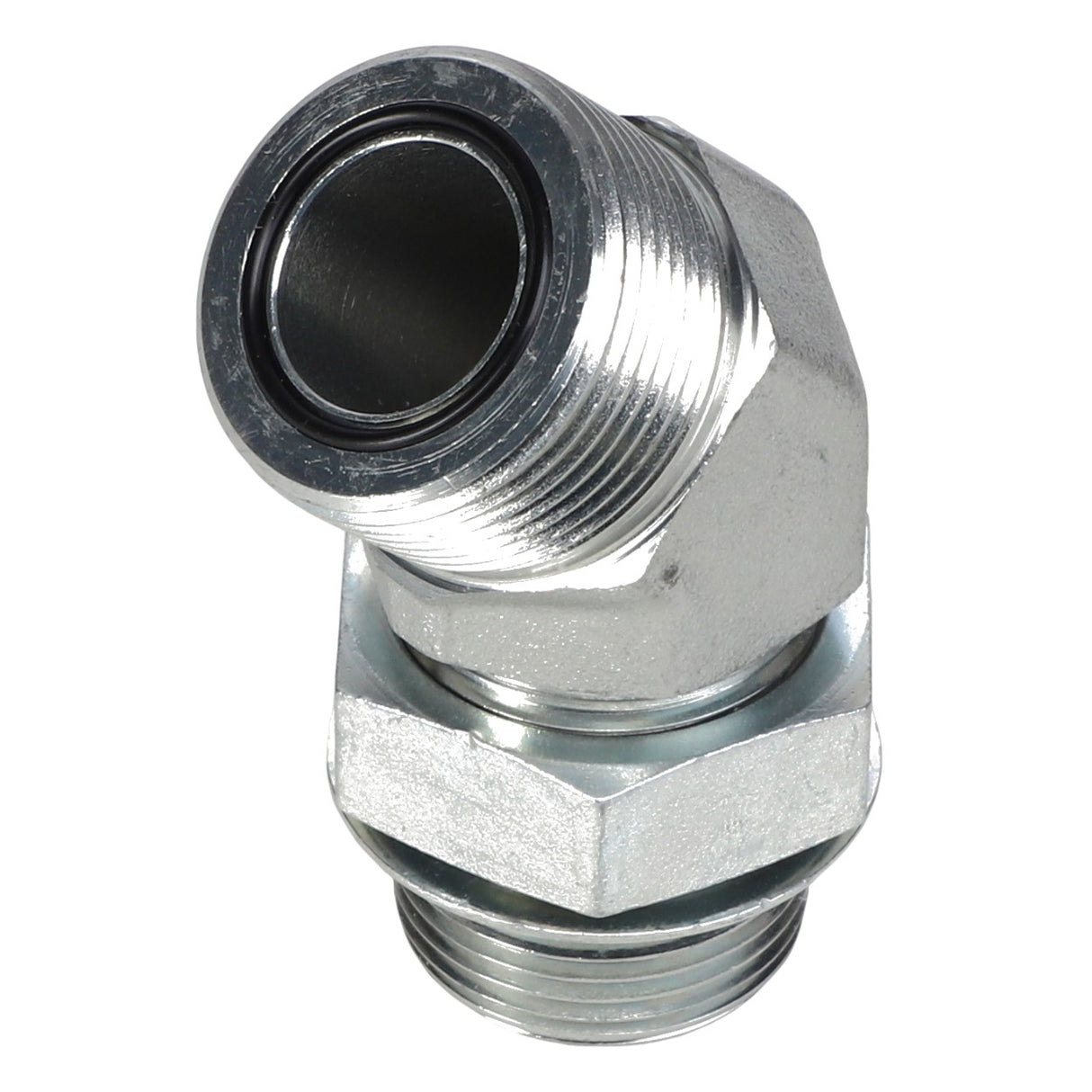 The AGCO | ELBOW FITTING - CH148-8355 is a 45-degree metallic pipe fitting with a threaded male connection on both ends, featuring a hexagonal nut in the center and designed for a secure Male O-ring 45° seal.