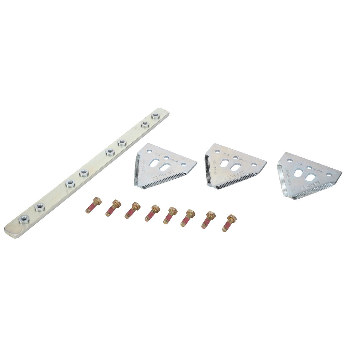 A metallic bar, three triangular metal brackets, and eight bolts are meticulously arranged on a white background. Product: AGCO | KNIFE - D28286563 by AGCO.