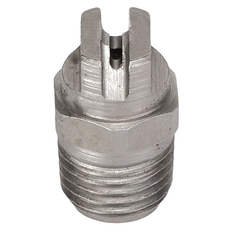 A close-up image of the AGCO SPRAY NOZZLE - AG610654, showcasing its metallic, cylindrical threaded plug with a precisely slotted top.