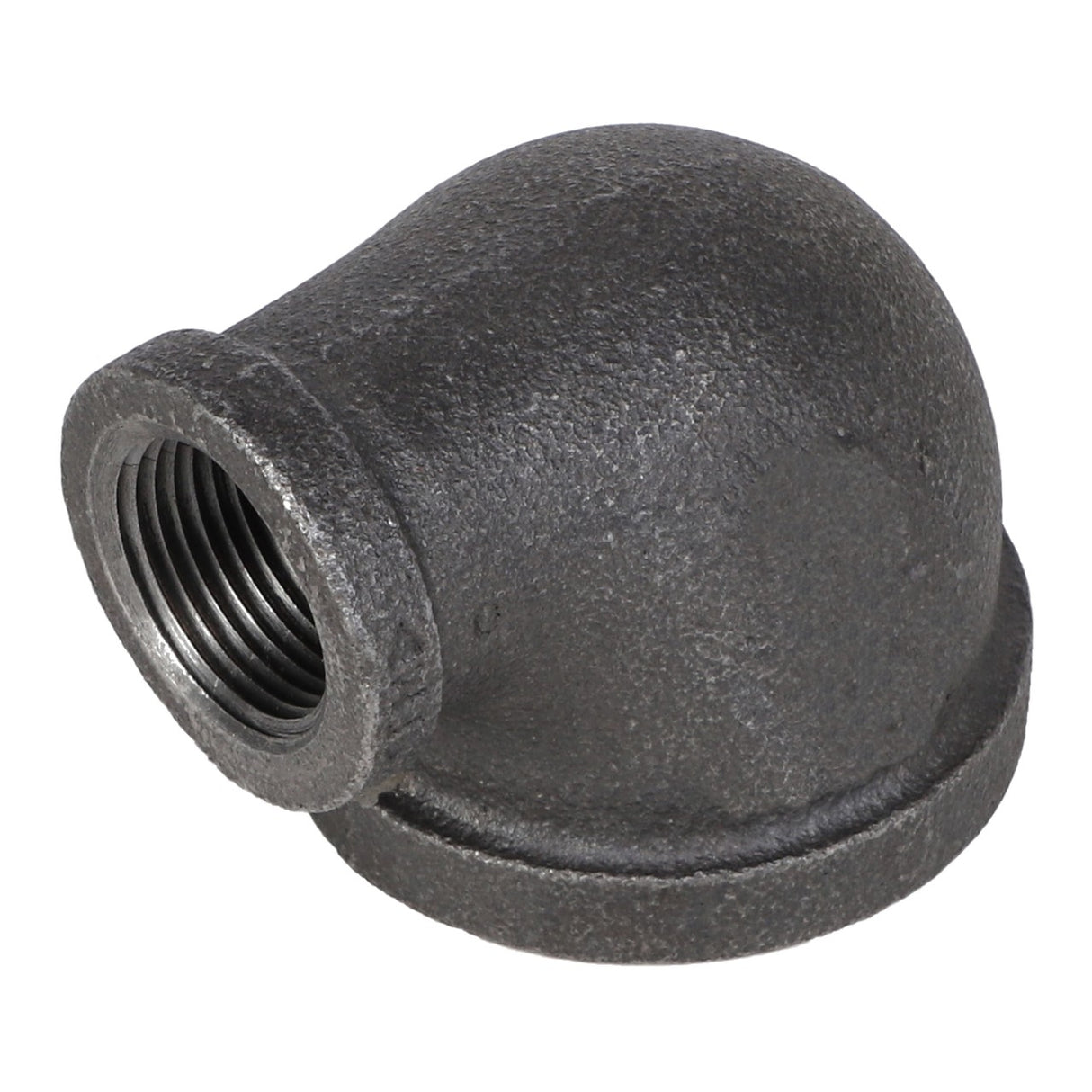 The AGCO ELBOW FITTING - AG557714 is a black cast iron, 90-degree elbow pipe fitting with one threaded end for plumbing or piping connections. Specific size information is not available.