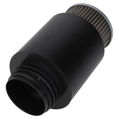 A cylindrical, black hydraulic filter with a ribbed, metallic filtration segment on one end, perfect for Fendt Vario models. 
Rewritten:
The AGCO Hydraulic Filter, Suction Filter (Cartridge) - H725860060100 is a cylindrical, black filter featuring a ribbed, metallic filtration segment on one end that is ideal for Fendt Vario models.
