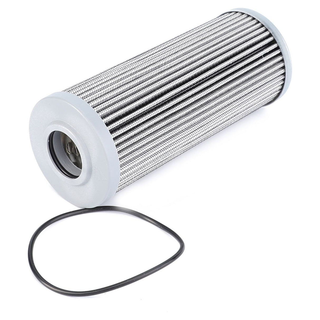 A cylindrical metal filter, AGCO's Hydraulic Filter Cartridge - V20639610, featuring a silver and black striped pattern with an accompanying black rubber o-ring lying beside it, designed specifically for Massey Ferguson Models.