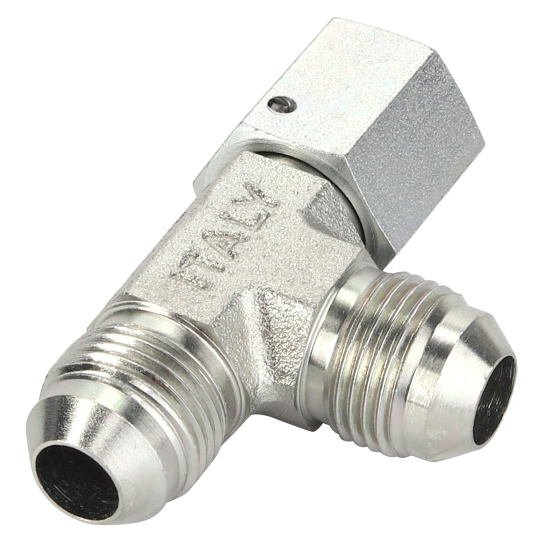 A metal T-shaped connector with two male threaded ends and one female threaded end, elegantly engraved with the word "ITALY" on the body, part of AGCO's product lineup as the Hitch - La292387.