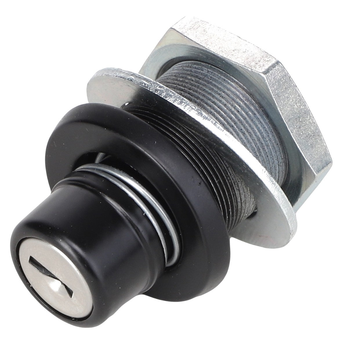 A round black AGCO push-button switch with a silver key slot, mounted on a hexagonal metal base—ideal for Massey Ferguson machinery. It is known as the Snap Fastener - G737500021600.