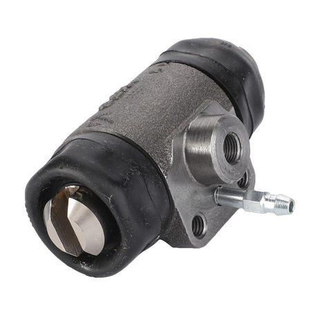 Here's a close-up of the AGCO CYLINDER - D46100560, featuring metallic construction with black rubber end caps and a threaded connector. This hydraulic cylinder is part of the AGCO brand's offerings.