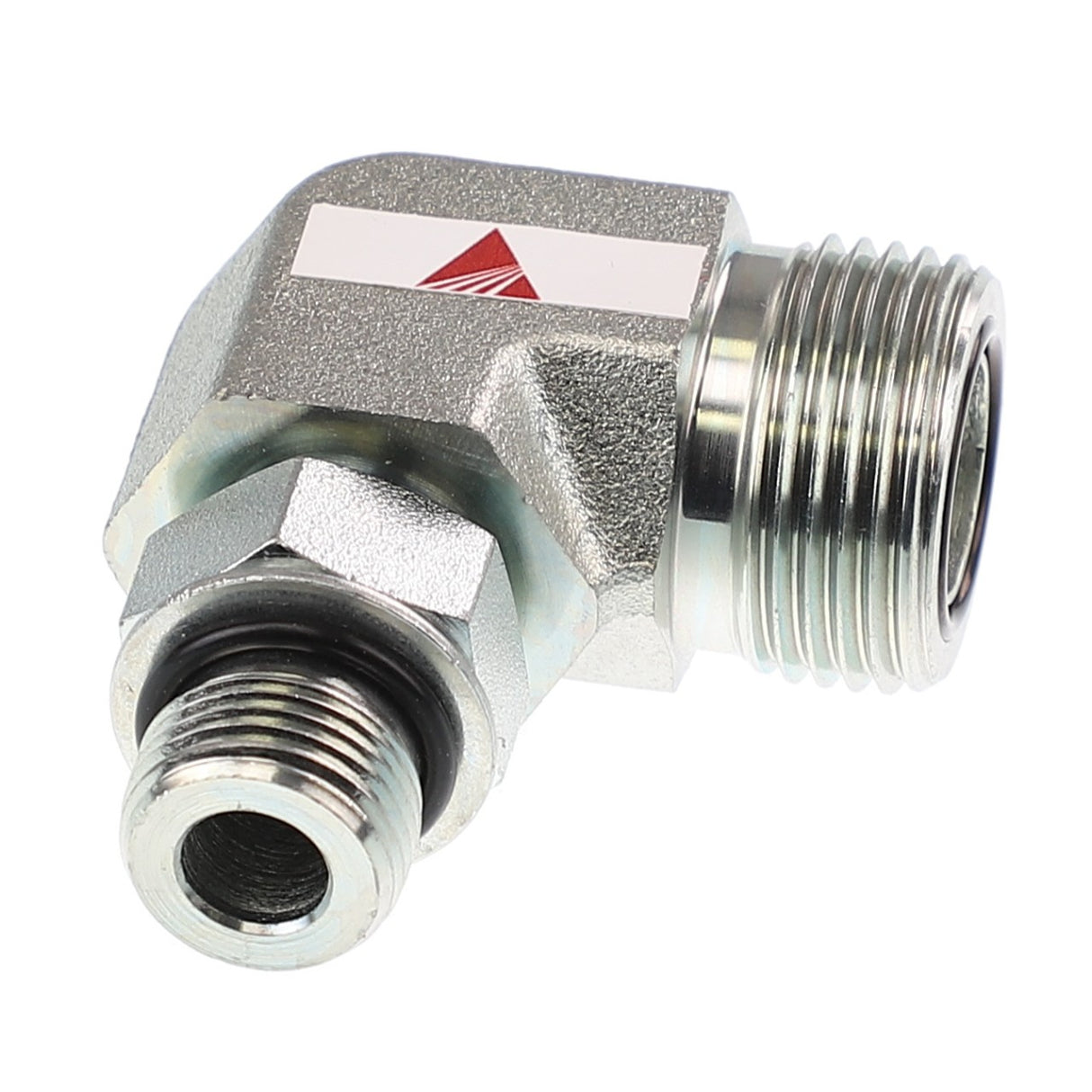 The AGCO | ELBOW FITTING - CH148-8359 is a metallic elbow pipe fitting with threaded ends and an angular design, featuring an intricate emblem on the top side.