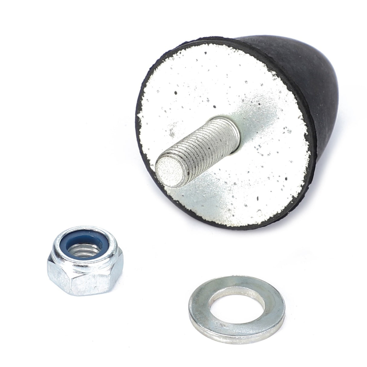 This image showcases the AGCO Buffer (3812699M91), which includes a metal bolt with a rubber end cap, a metal washer, and a hex nut, typical of hitch and linkage components for Massey Ferguson models.