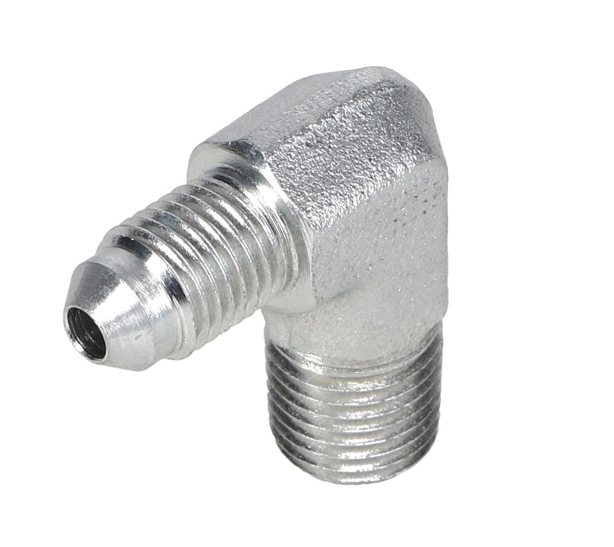 The AGCO | ELBOW FITTING - AG553522 is an angled metal pipe fitting with threaded ends, designed for connecting two pipes in plumbing or hydraulic systems.