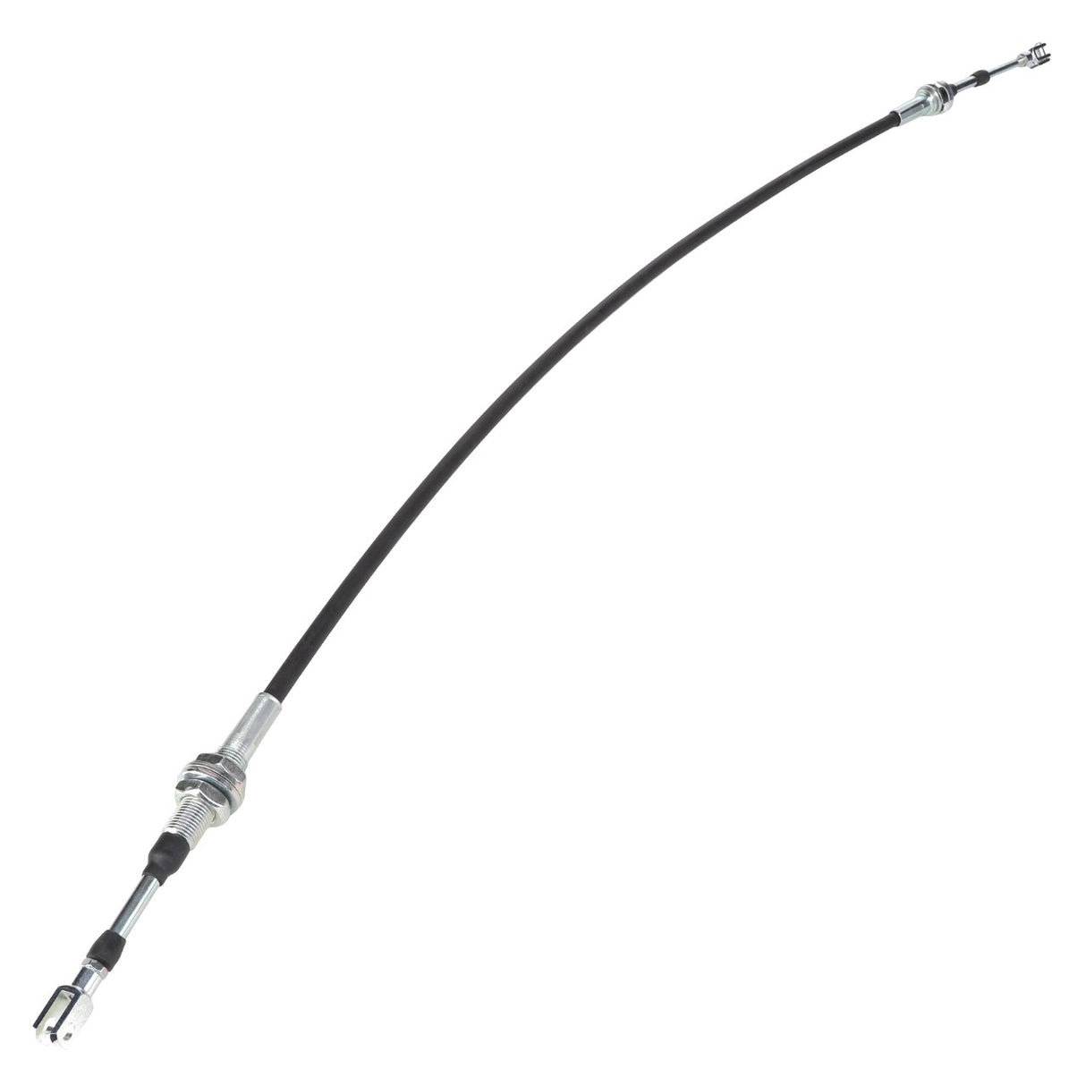 An isolated image of the AGCO Control Cable - Va208660, featuring a black throttle cable with metal fittings on both ends, commonly used in motorcycles, small engines, and Massey Ferguson models for throttle control.