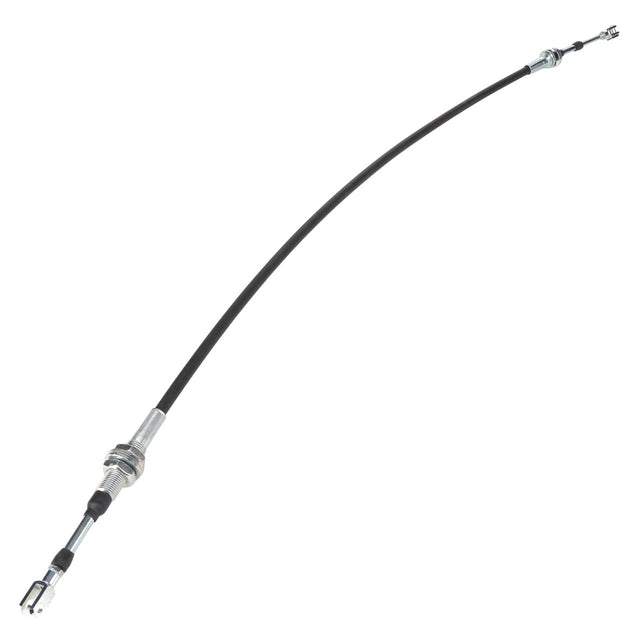 An isolated image of the AGCO Control Cable - Va208660, featuring a black throttle cable with metal fittings on both ends, commonly used in motorcycles, small engines, and Massey Ferguson models for throttle control.