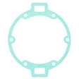 The AGCO Seal, Transmission Housing Filter - F180100050040 is a thin, light blue, circular gasket featuring four equally spaced holes and rectangular tabs extending from the top and bottom to ensure genuine seals for optimal performance.
