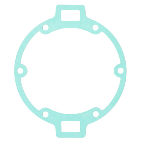 The AGCO Seal, Transmission Housing Filter - F180100050040 is a thin, light blue, circular gasket featuring four equally spaced holes and rectangular tabs extending from the top and bottom to ensure genuine seals for optimal performance.