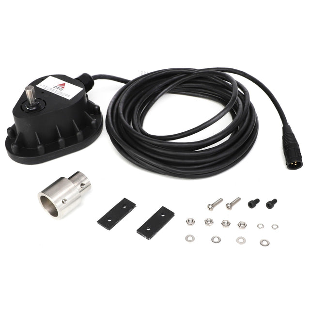 The AGCO SENSOR - AG426253 kit includes a black wired sensor, a metallic cylindrical housing, two black mounting brackets, various screws, washers, and a connector cable. Further product description information is currently unavailable.