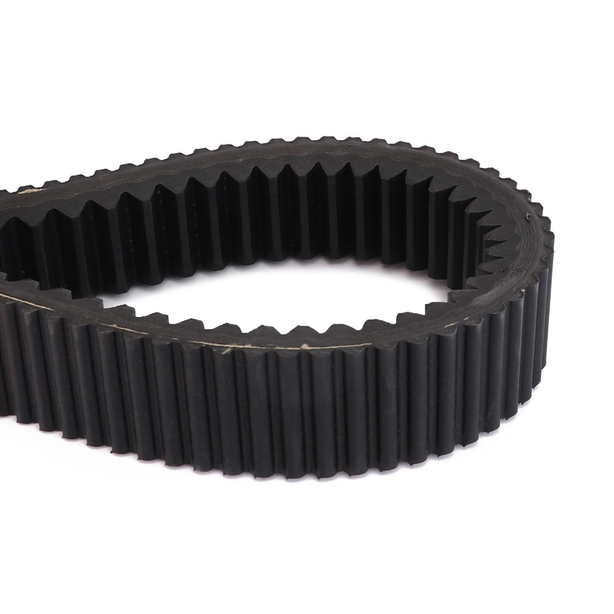 Close-up of the AGCO Drive Belt, Rotor Variator Drive - D41980500 in black, featuring evenly spaced teeth and forming an oval loop against a white background, engineered for optimal performance and noise reduction.