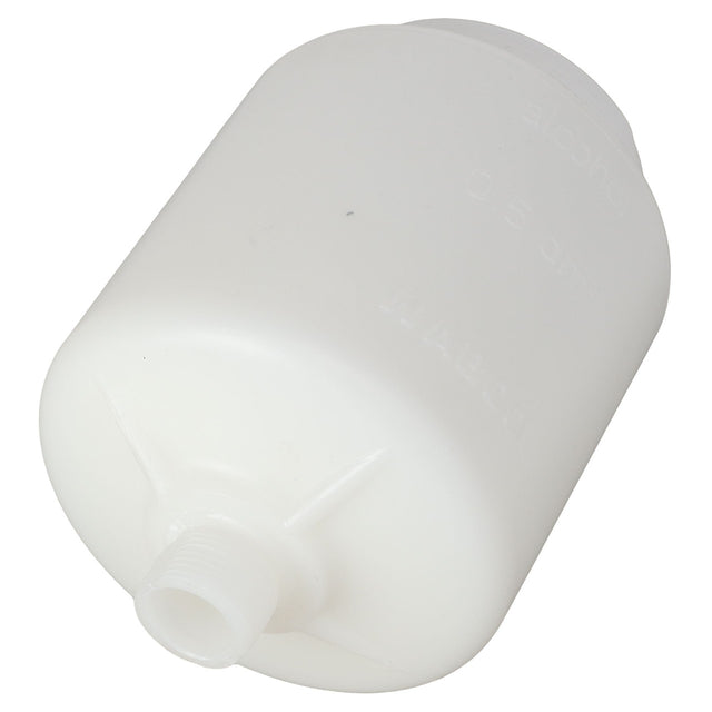 The AGCO Plastic Bowl - X820215001020 is a white polyester container with a threaded opening near the bottom, designed for storing liquids and crafted for enhanced durability.