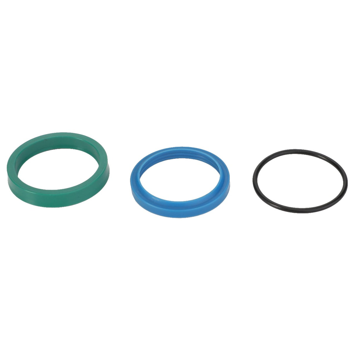 AGCO | Kit, Joint - Fel152323 by AGCO features three circular rubber seals in varying colors and sizes—green, blue, and black—arranged in a horizontal row.