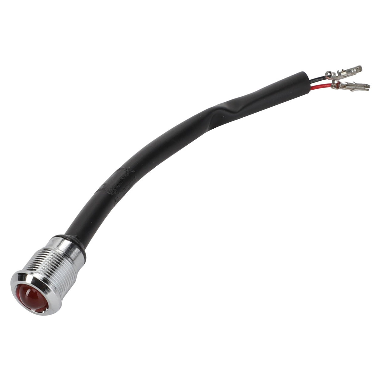 The AGCO Control Light - Acp0335920 is a black cable featuring a metallic cylindrical connector with two exposed wires on one end and a red LED light on the connector side. No current product description available.