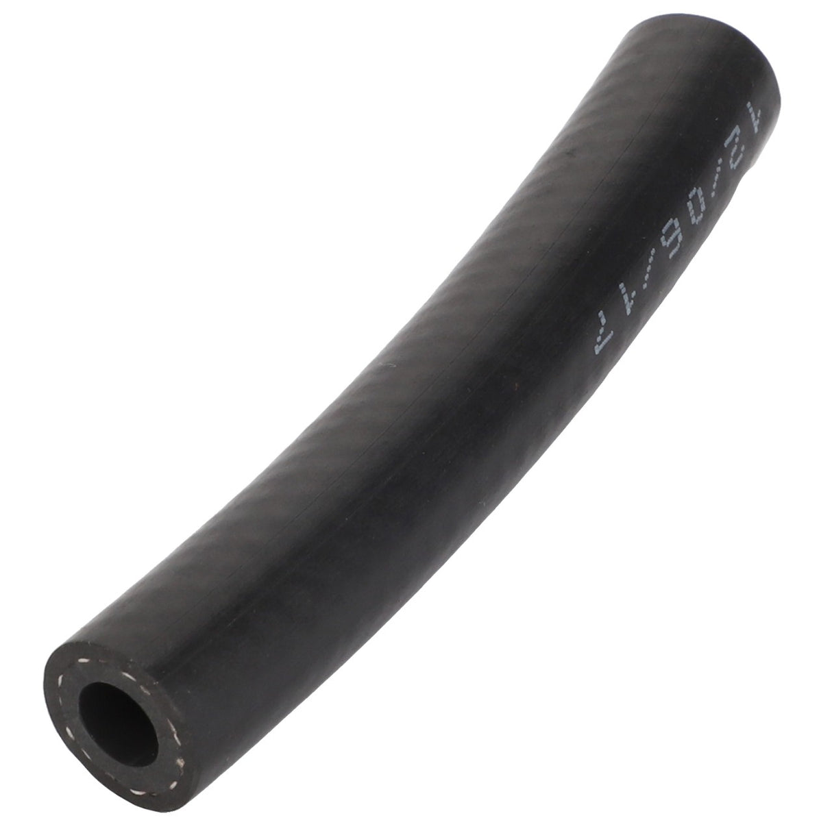 The AGCO Hose - Acp0329060, a durable black rubber hose with white markings, is elegantly displayed against a clean white background. Slightly curved, it reveals a hollow center that enhances its flexible design.