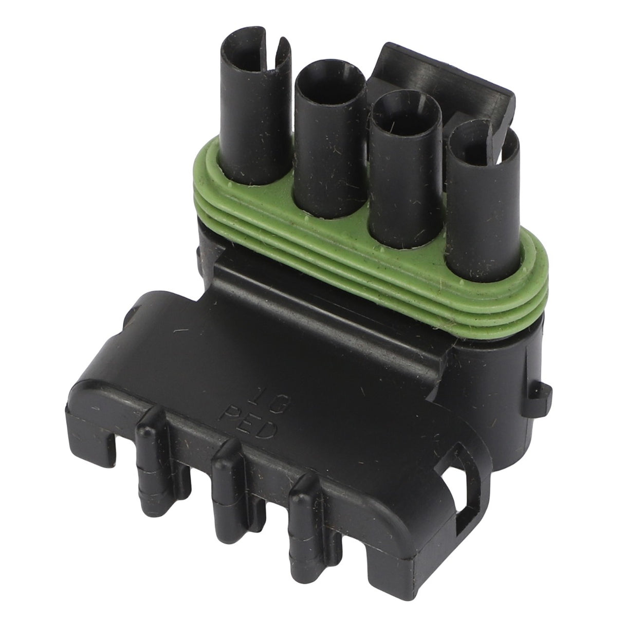 Close-up of the AGCO | ELECTRICAL CONNECTOR - AG515759, a black and green male automotive connector featuring four terminals and a secure locking mechanism.