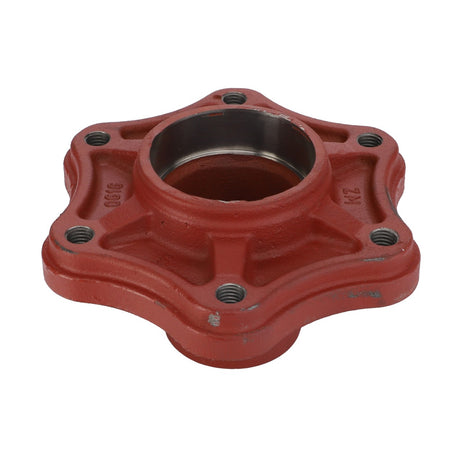 The AGCO HOUSING - D46726400 is a red metal mechanical flange designed in a five-point star shape, featuring multiple threaded holes and a central cylindrical opening.