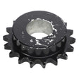 A black metal sprocket with visible wear and chipped paint, highlighted as a circular gear with evenly spaced teeth around its perimeter, matches the AGCO | Sprocket - Acx2433590 by AGCO.