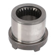 A close-up image of a cylindrical metal gear coupling with internal teeth on one end, showcasing AGCO | Coupler - 3819093M1, compatible with Massey Ferguson models.