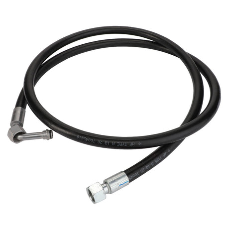 Product: AGCO | WARNING DECAL - ACP0544060, a coiled black hydraulic hose equipped with metal connectors at both ends: one featuring a right-angle fitting and the other with a straight fitting.