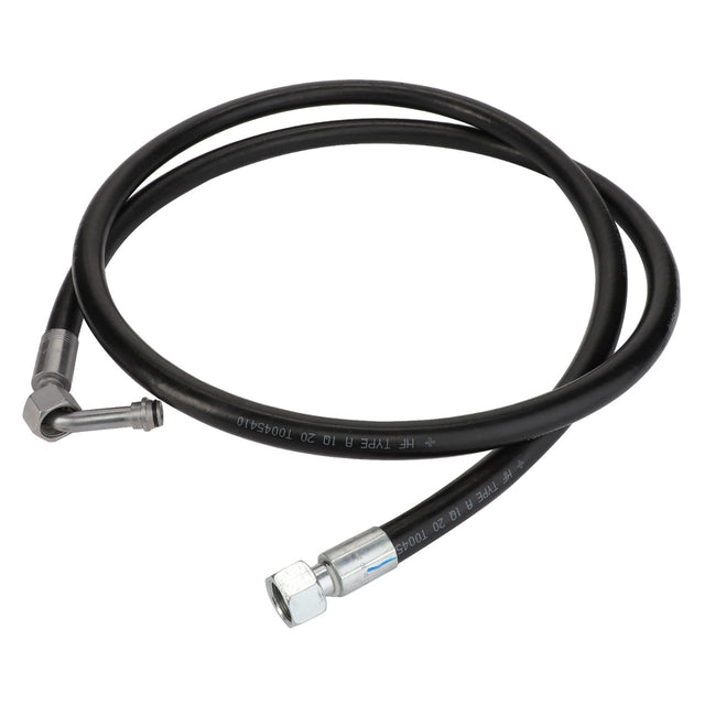 Product: AGCO | WARNING DECAL - ACP0544060, a coiled black hydraulic hose equipped with metal connectors at both ends: one featuring a right-angle fitting and the other with a straight fitting.