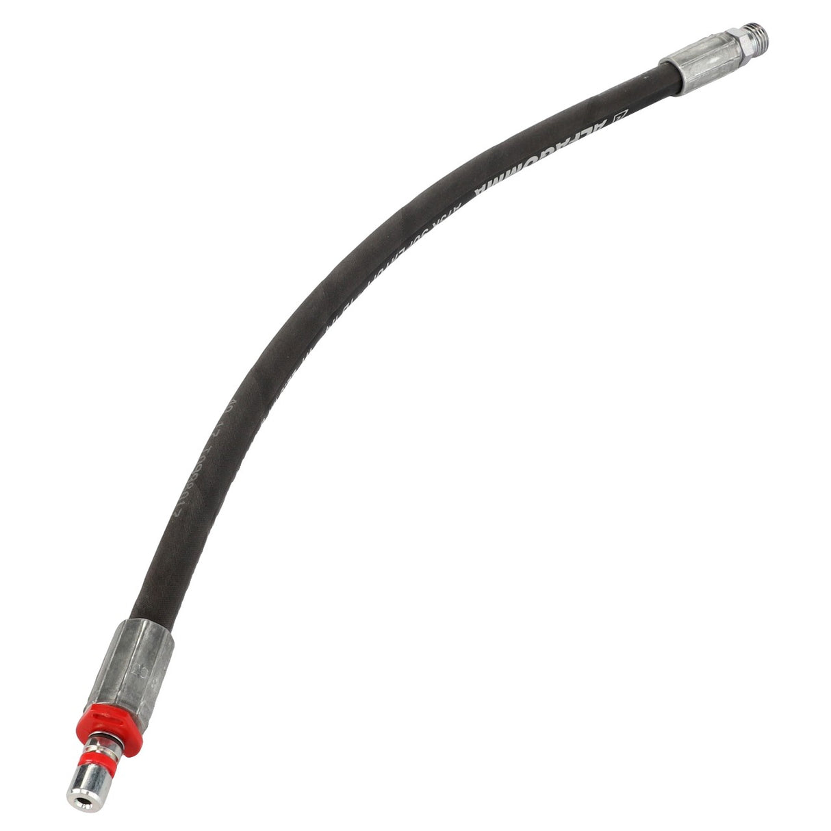 Product: AGCO | Hose - Acw3785110
Description: The AGCO Hose - Acw3785110 is a black flexible hose equipped with metal fittings at both ends. One end features a distinctive red connector. Currently, no additional product description information is available.