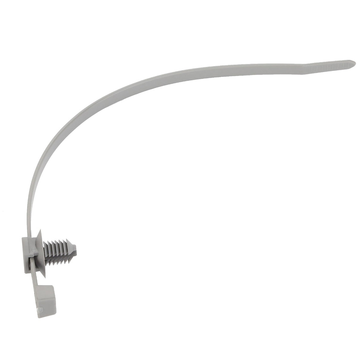 The AGCO Cable Tie - F530200230020, a grey plastic zip tie with an integrated mounting clip, is shown against a clean white background.