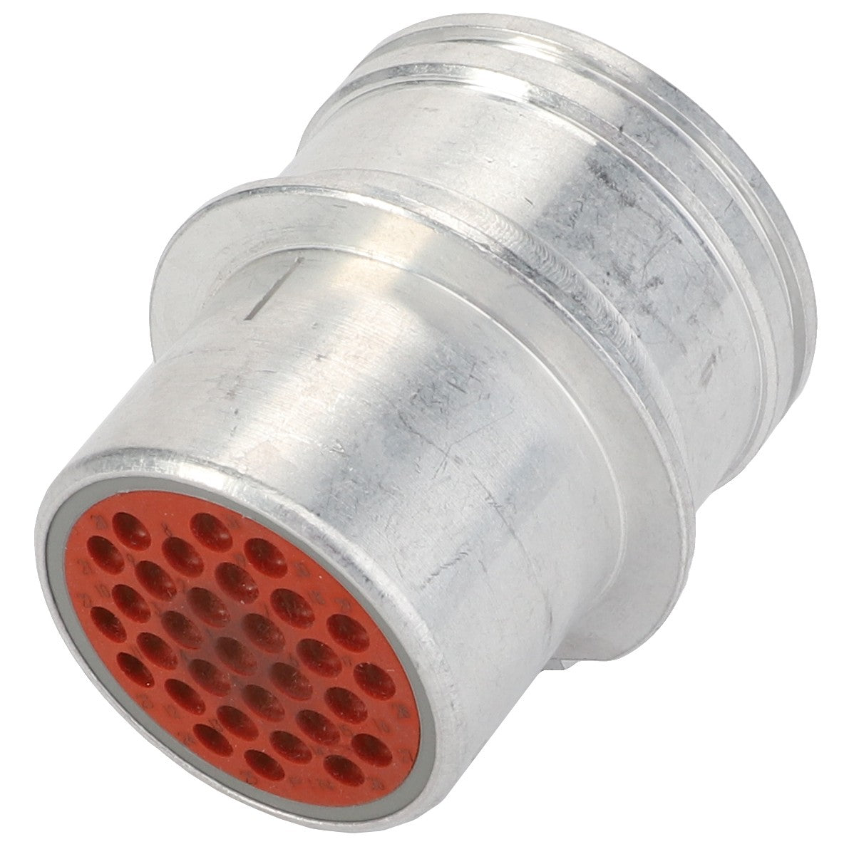 The AGCO Electrical Connector - D44901006 is a metal cylindrical connector featuring a red multi-pin configuration on one end, delivering reliable connections for industrial applications.