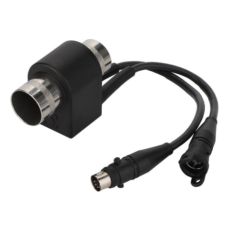 The AGCO Population Sensor - Acp0000270 is a sleek black electrical connector featuring two output cables; one cable terminates in a round multi-pin connector while the other ends in a flat plug.